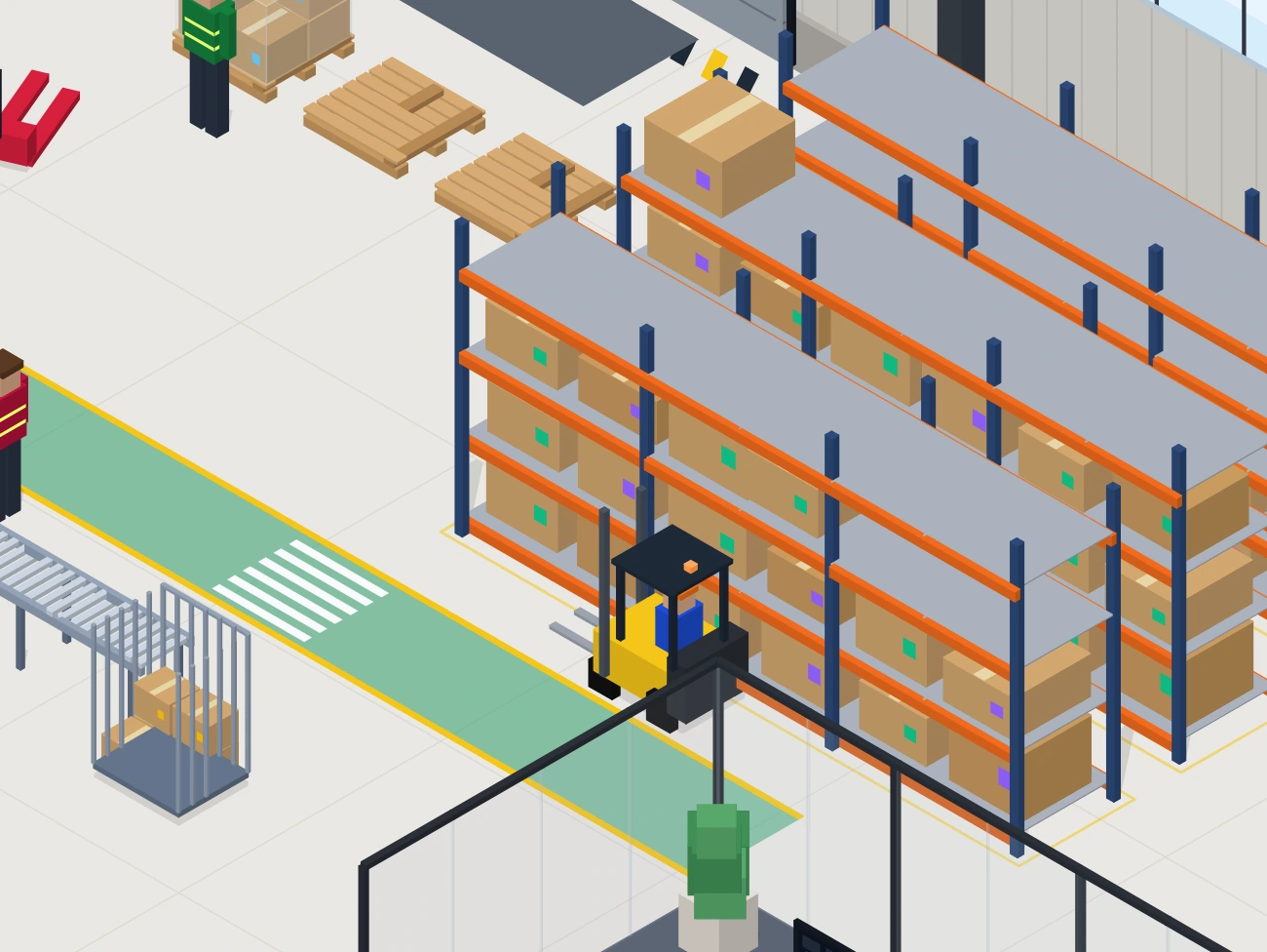 Le chariot élévateur range le carton au troisième étage du rack B.