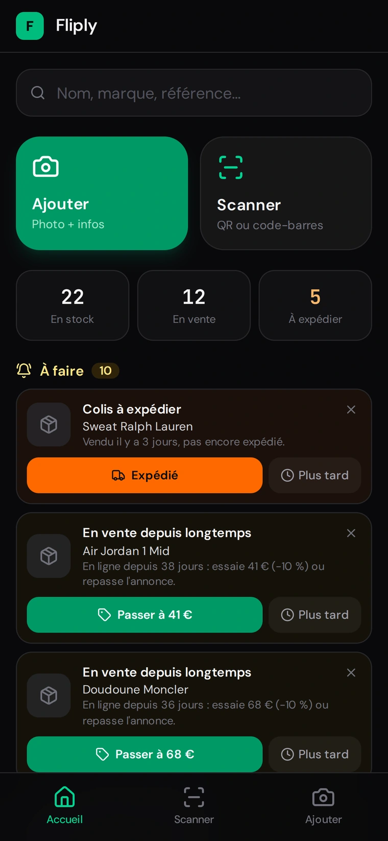 Accueil de Fliply sur le téléphone.