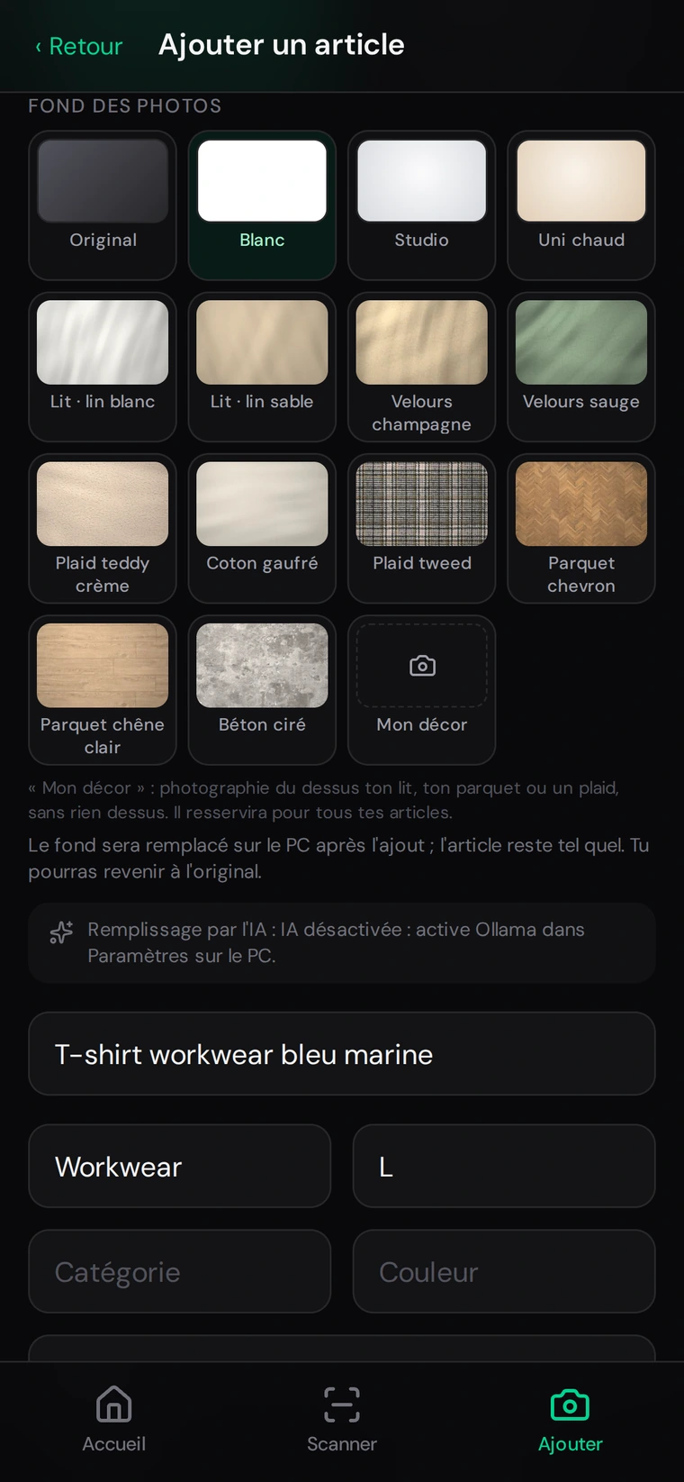 Choix du fond des photos.